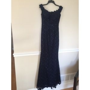 Navy off-the-shoulder long gown